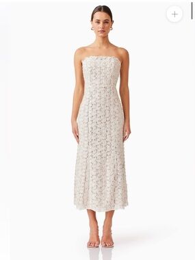 elliatt cali white & gold shimmer 3d flower lace strapless midi dress size XL